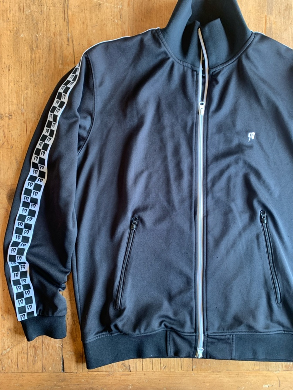 10.Deep Black Track Bomber Jacket with White Accent Tape - Picture 15 of 16